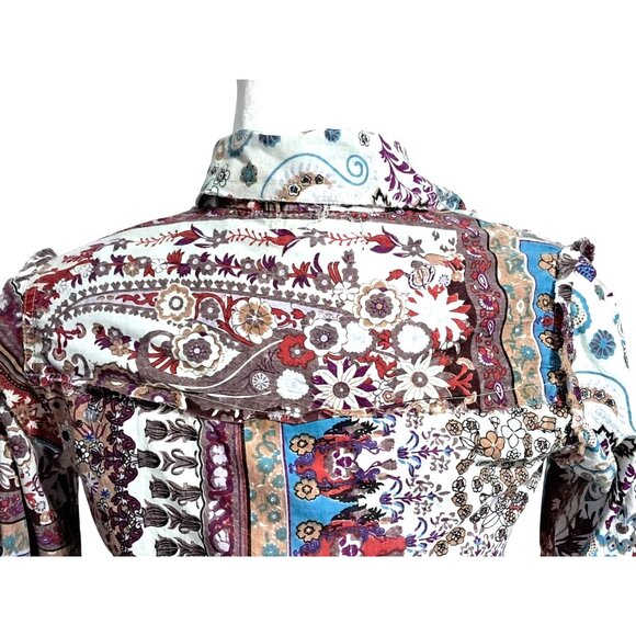Crown of Hearts Shirt Womens Size S Top Boho Patchwork Button Down Collared Adj - Picture 12 of 16